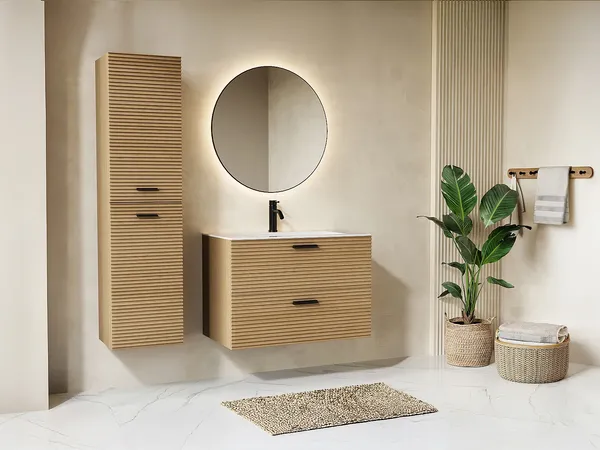 Vente-unique - SARONE Badezimmersäule und -regal Holz, Platte Beige - B 30 cm x H 140 cm x L 35 cm