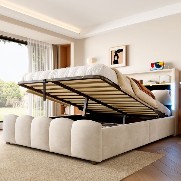 Polsterbett mit LED-Beleuchtung, USB/Type-C Anschlüsse und Stauraum, 140x200 cm, Doppelbett, Stauraumbett, Samt
