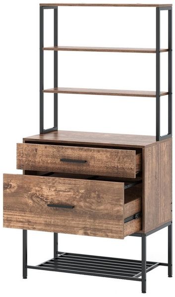COSTWAY Aktenschrank Büroschrank, 3 offene Regale, 2 Schubladen, Braun