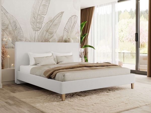 Design Polsterbett LUMARO CLASSIC 140 x 200 cm mit Lattenrost & 12cm hohen Füßen, Doppelbett mit Kopfteil, Konfigurierbar - Weiß Kunstleder