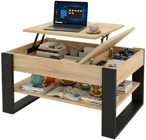 TREND WERK Couchtisch Lift-Couchtisch höhenverstellbar Sofatisch 92×54 cm mit Stauraum (verstecktem Fach Wohnzimmertisch Holz modern Wohnzimmertisch)