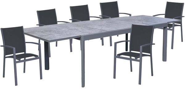Garten Tischgruppe NEREA 7-tlg. Ausziehtisch und 6 × Stapelstuhl ELENA