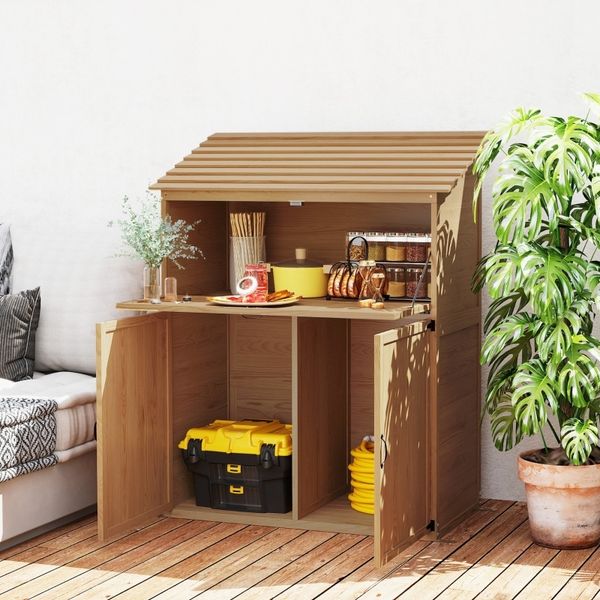 Geräteschuppen Holz Gartenhaus Aufbewahrung 3 Fächer klappbarer Tisch Tannenbraun wetterfest