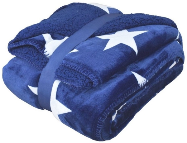 Kuscheldecke 150x200cm mit Flanell und Sherpa Wohndecke mit Sternen in 3 Farben blau Bild 3