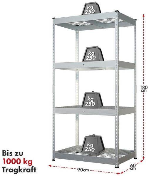 Floordirekt Schwerlastregal Yukon Rivet aus Stahl, belastbar bis zu 1400 kg, Werkzeuglose Montage, Verschiedene Größen & Farben 1-tlg, Witterungsbeständig, In- & Outdoor, höhenverstellbare Gitterböden