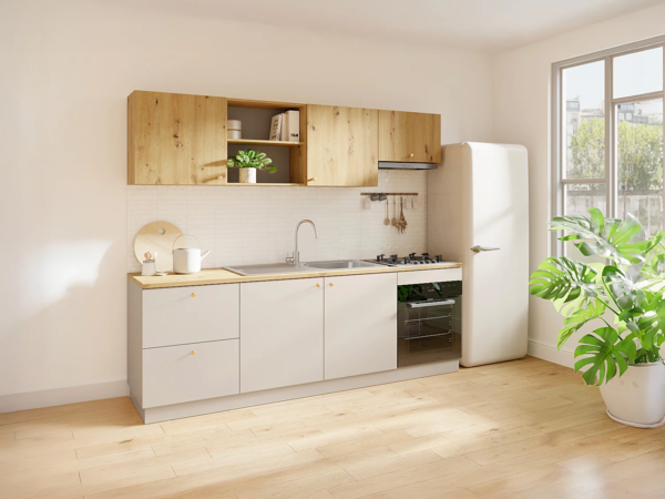 Vente-unique - Komplettküche + Arbeitsplatte 242 cm - Beige & Hellnatur - YORINA