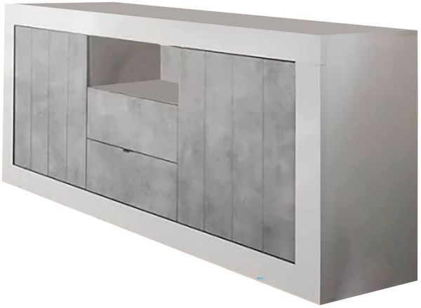 Dmora Kommode Antina, Wohnzimmerbuffet, Wohnzimmer-Sideboard, Moderne Küchen-Speisekammer, Made in Italy, 184x42 h86 cm, Glänzendes Weiß undZement
