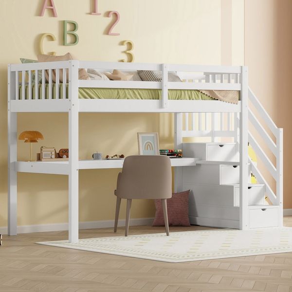 Hochbett mit Schreibtisch, Lattenrost und Rausfallschutz, Treppe mit Schränken, 90x200 cm, Kinderbett, Holzbett
