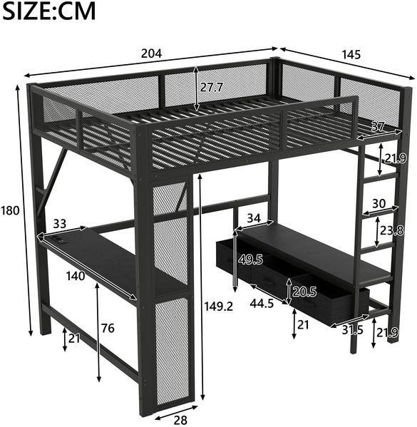 Merax Hochbett Kinderbett 140 x 200 cm Jugendbett Metall-Spielhochbett mit USB, LED, Schreibtisch, offenem Kleiderschrank und 3 Wäscheschubladen, schwarz Bild 4
