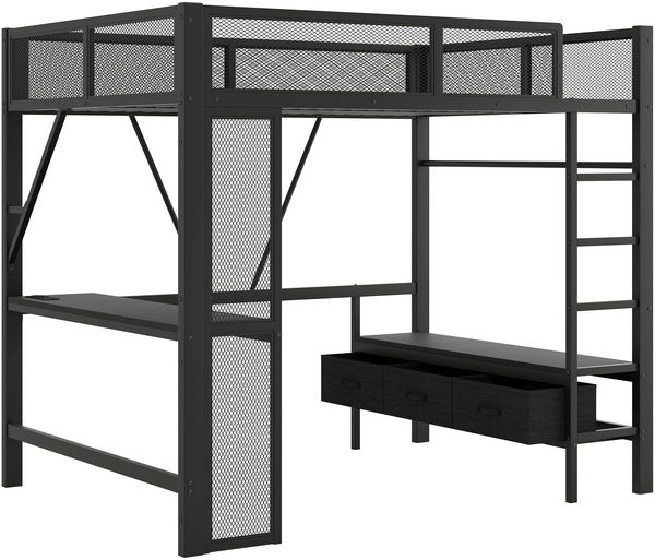 Merax Hochbett Kinderbett 140 x 200 cm Jugendbett Metall-Spielhochbett mit USB, LED, Schreibtisch, offenem Kleiderschrank und 3 Wäscheschubladen, schwarz Bild 8