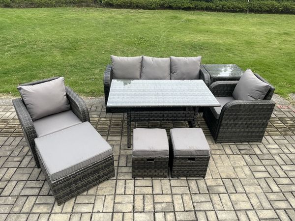 Fimous 8 Pcs Rattan Gartenmöbel Set Rechteckiger Esstisch und Sessel Sofa Set mit Beistelltisch 3 Fußhockern Dunkelgrau gemischt