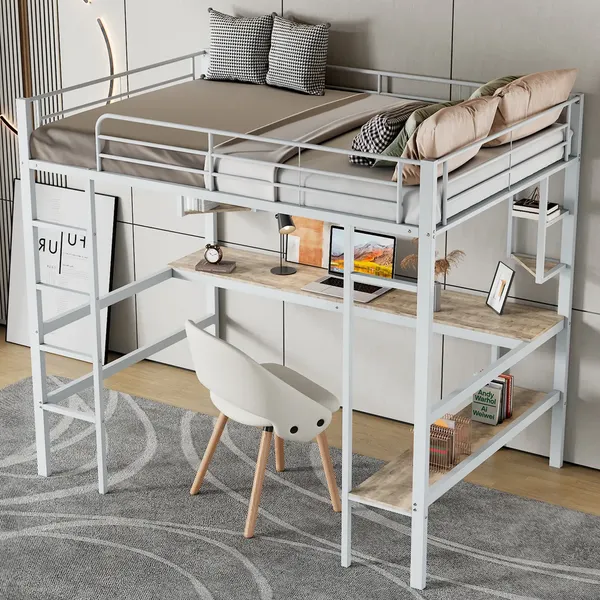 Hochbett mit Rausfallschutz, Schreibtisch, Regal, Leiter und Lattenrost, 90x200 cm, Metallbett, Jugendbett, Kinderbett