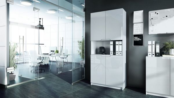 Vladon Büroschrank Logan V2, Aktenschrank mit 5 Fächern und 4 Türen, Weiß matt/Weiß Hochglanz (82 x 184 x 37 cm)