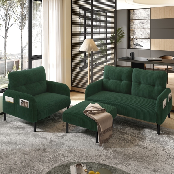 LVHOM Cord 3er-Set 2-Sitzer+Sessel+Hocker, Flexibel für Wohnzimmer Ecksofa mit Seitentaschen, Sitzgruppe Grün