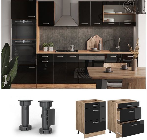 Küchenunterschrank R-Line Schwarz Hochglanz 60 cm mit Schubladen, ohne Arbeitsplatte Vicco Bild 2