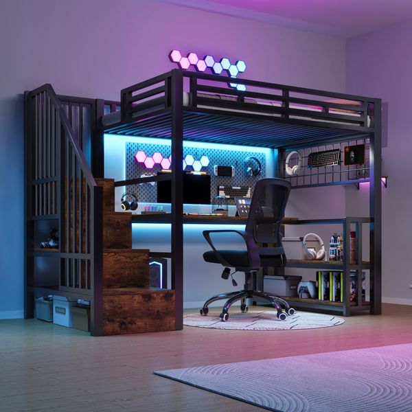 Hochbett, 90 x 200 cm, Eisenrahmen, Lagerregal, Hängendes Gitter, LED-Lichtleiste, Schreibtisch, Treppenkonstruktionen mit Stauraum,mit 2 USB-Anschlüssen und 1 Typ-C-Buchse, Ohne Matratze, schwarz
