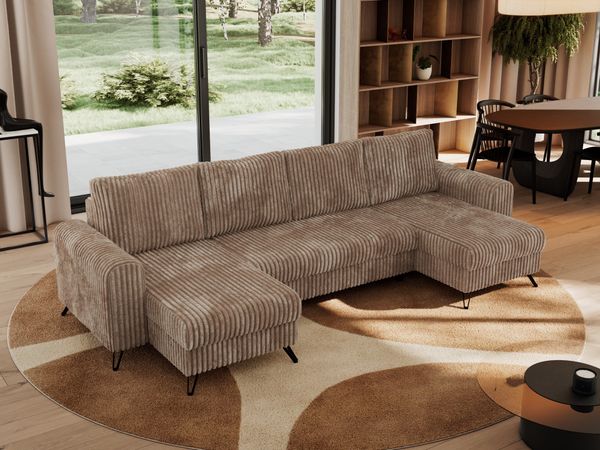 U-förmige Ecksofa, XXL Universalecke mit losen Kissen zum Wohnzimmer, Bettkästen und Schlaffunktion, schwarze Metallbeine - AXEL U - Braun Cord