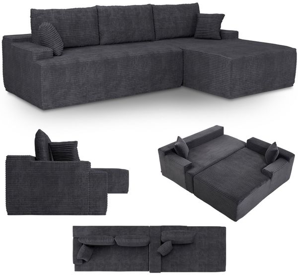 Juskys Sofa Coredo - modernes Cord Sofa mit Ottomane rechts, gemütliche Couch mit Schaumstoffpolsterung, Cordbezug & Kissen, modular - Dunkelgrau