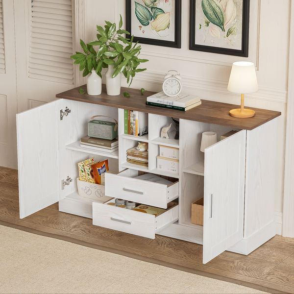 Sideboard 140 x 40 x 79,5 cm in weiß-brauner Holzoptik mit 2 Türen, 2 Schubladen und offenen Fächern