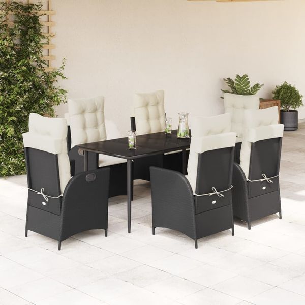 vidaXL 7-tlg. Garten-Essgruppe mit Kissen Schwarz Poly Rattan 3213159