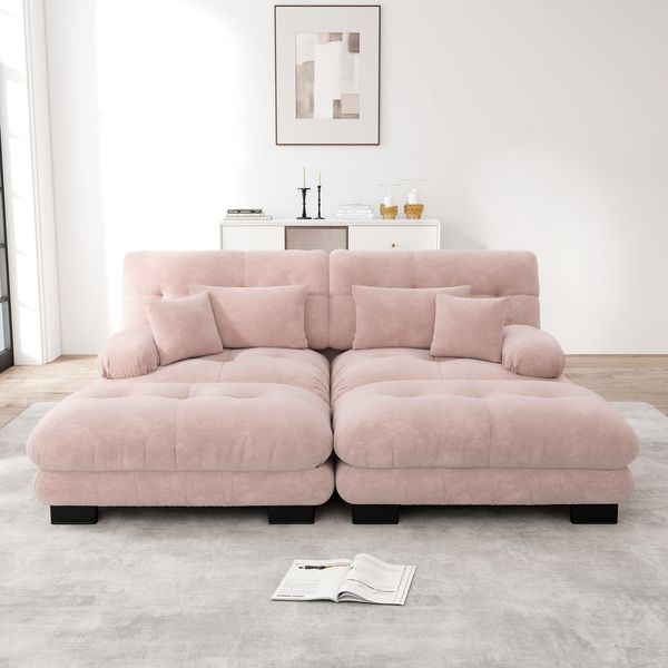 Ecksofa, Cloud Ecksofa für Wohnzimmer Chenille Doppelsofa mit 2 Lendenkissen und 2 Dekokissen Polstersofa mit breiten Armlehnen und 2 Ottomans, Chenille, Rosa