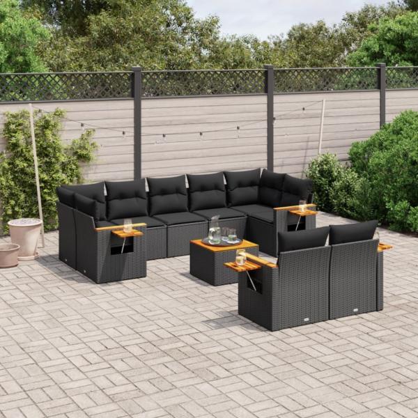 vidaXL 10-tlg. Garten-Sofagarnitur mit Kissen Schwarz Poly Rattan 3227133