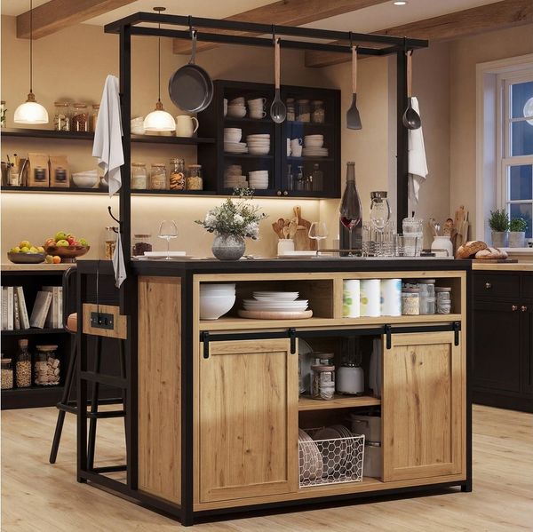 Celya Küchenbuffet Küchenschrank mit Arbeitsplatte und Stromanschluss (183cm hoher mit Hängeregal, Offene Fächer und Schiebetüren) ideal für den täglichen Einsatz in Küche, Esszimmer oder Wohnbereich