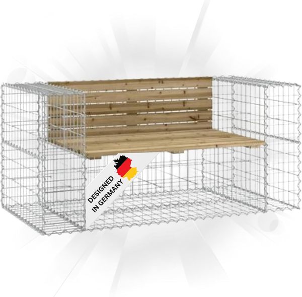 Gartenbank Gabionen INO aus Stahl 143x71x65,5cm Kiefernholz Braun Gabionenbank Gartenbank mit Sitzfläche aus Gabionen Steinkorb Gabionengitter Ziergabione Drahtkorb befüllbar