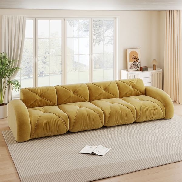 Flieks Modulares Sofa 4-Sitzer, Cloud Sofa mit runden Armlehnen, Chenille weich, rahmenlos bodennah, Lounge Sofa, Gelb