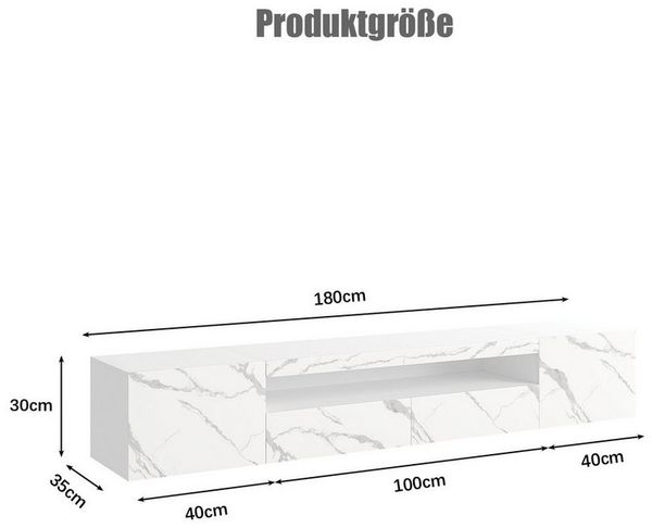 radelldar Lowboard 180cm Hochglanz mit LED-Beleuchtung und Stauraum (1 St), hängender TV-Schrank für Fernseher bis 85 Zoll