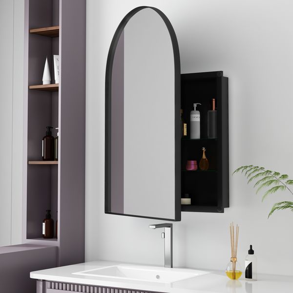 Spiegelschrank mit Bogenform, Metallrahmen, schwarzer Badezimmerschrank mit Spiegel,12x91x61 cm
