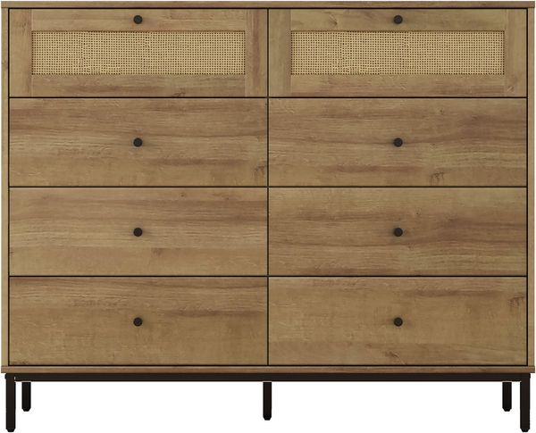 OTTO home Kombikommode Motala Wäsche Schrank mit 8 Schubladen Sideboard BOHO Design (Eichen-Design mit schwarzen Griffen und Geflecht Schubladen), Kommode Schrank Wäscheschrank mit 8 Schubladen