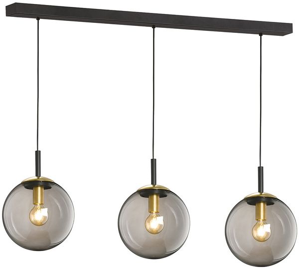 Hängeleuchte, Metall schwarz, Glas rauch, 3 Flammig, H 140cm