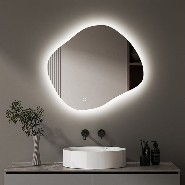 WDWRITTI Wandspiegel mit beleuchtung Badspiegel LED Touch Modern Dreifarbiges Dimmbar (LED Spiegel Bad Schminkspiegel Dekospiegel, Wolke, Wassertropfen, Stein), LED Multifunktionspiegel, Asymmetrisch Spiegel