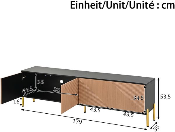 TV-Schrank 179 x 35 x 53,5 cm mit 4 Türen – griffloses Lowboard in Schwarz/Natur mit goldfarbenen Metallbeinen Bild 10