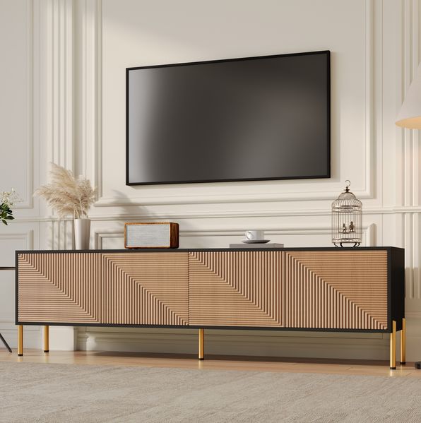TV-Schrank 179 x 35 x 53,5 cm mit 4 Türen – griffloses Lowboard in Schwarz/Natur mit goldfarbenen Metallbeinen