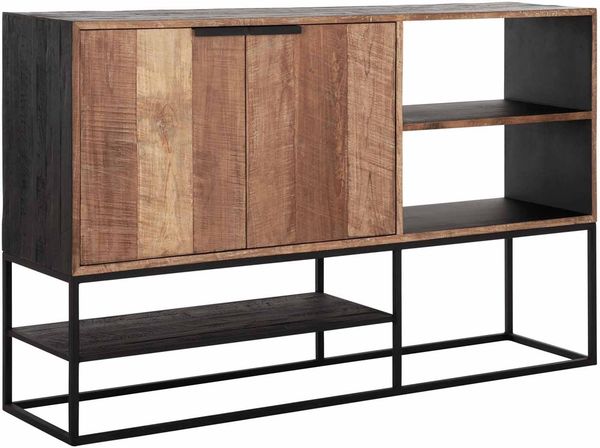 Sideboard Cosmo Teakholz, Industrial Style, natur, Metallgestell schwarz, 160 cm breit