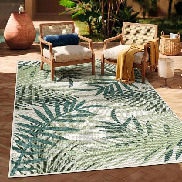 Vimoda Outdoorteppich Teppich wasserresistent In- und Outdoor Kurzflor Palmen Muster, Rechteckig, Höhe: 4.5 mm, Outdoorteppich Grün & Schwarz für Terrasse Balko schnell trocknend
