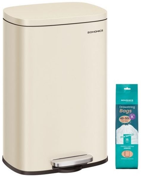 SONGMICS Mülleimer Küche, 50 Liter, Abfalleimer, Treteimer, mit Deckel, Softclose, Fußpedal, Stahl, Inneneimer, sandbeige