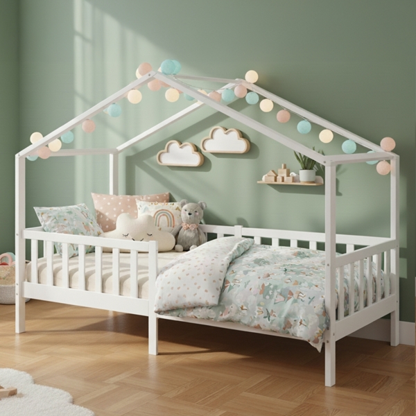 Bellabino 'Bia' Hausbett 80x160 cm, weiß, Kiefer Massivholz, Montessori Kinderbett mit Rausfallschutz und Lattenrost