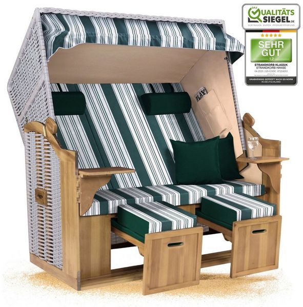 Strandkorb Hanse Strandkorb Strandkorb Ostsee XXL 2,5-Sitzer Volllieger Beige Grün, BxTxH: 150x80x160 cm, Ostsee XXL Volllieger, Ostsee 2,5-Sitzer Modell 2025, Stabiles Wacholder mit handgefertigtem Polyrattangeflecht