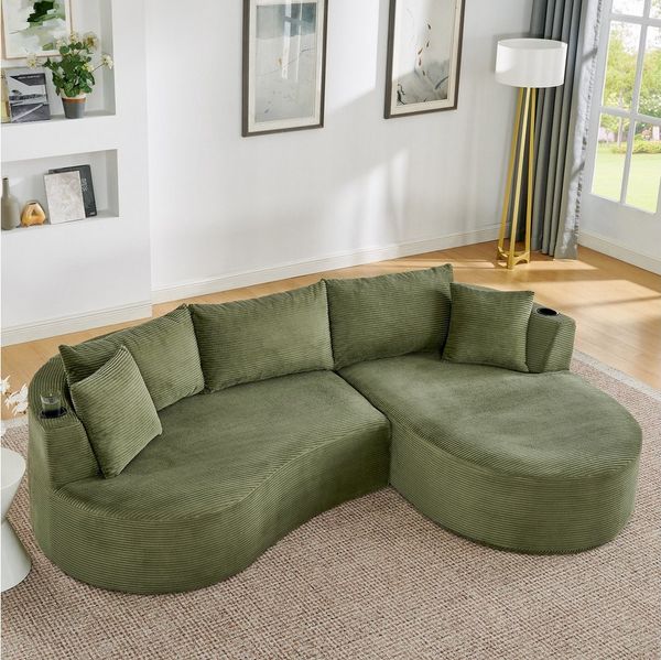 STILVORA Loungesofa mit Getränkehalter 3-Sitzer Kompressionssofa mit Kissen Cord Grün, Relaxsofa mit Bogenförmiges Design, für Wohnzimmer, Hotels, Apartments und Büros