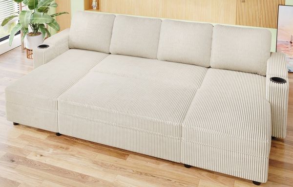 HOMALL Sofa Schlafsofa U Ecksofa, mit Schlaffunktion und Bettkasten, Becherhaltern
