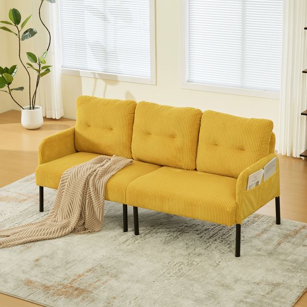 3-Sitzer-Sofa aus Cord mit Seitentasche, 171 x 72 x 80 cm, Gelb