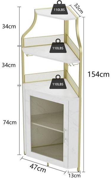 GarveeMore Eckschrank 5-stöckiges mit Glasständer und verstellbaren Regalen,47x32x154cm industrielles Eckschrank,Weinschrank mit Türen aus Metallgitter fürbar