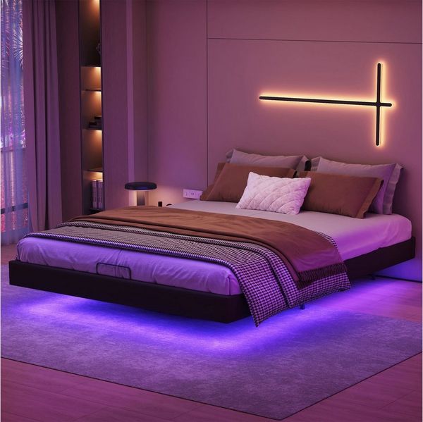PXloue Polsterbett 160x200cm PU hydraulisches Doppelbett mit Stauraum + LED-Licht (Für Jugendliche geeignet), Hausbett, mit Aufbewahrungsbox und LED-Beleuchtung, 160x200 cm