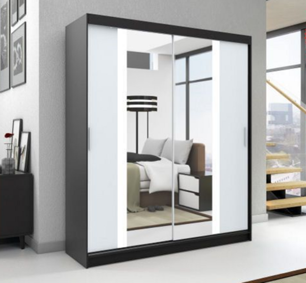 Schwebetürenschrank BRUNI 2-türig Schrank 180 cm (mit Spiegel) Farbe: Schwarz , weiß