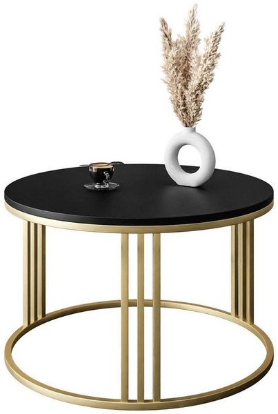 Lookway Couchtisch LORI mit Goldgestell mattschwarz (1x Couchtisch), Durchmesser: ⌀70 cm
