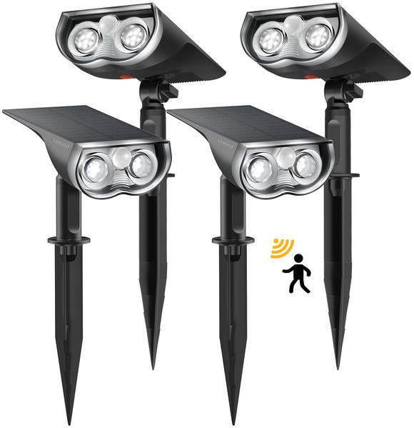 Linkind solarlampen Solar Strahler mit Bewegungsmelder 6500K Kaltweiß, 3 Modi (inkl. Dauerlicht), 1000Lm Helle Solar Aussenlampen von 2 Montage, IP65 Gartenstrahler für Weg, 4 Stück