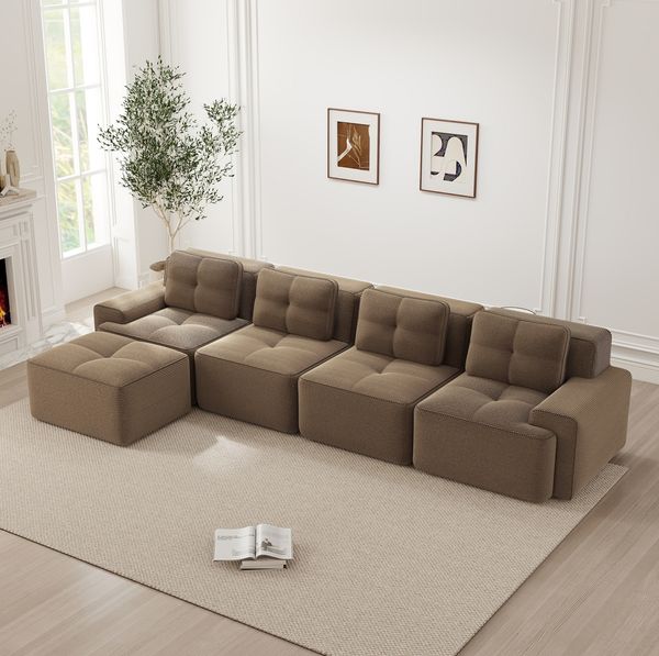 Modulares Sofa aus Cord, 4-Sitzer mit Chaiselongue, Tiefsitz, 382 x 177 x 69 cm, braun